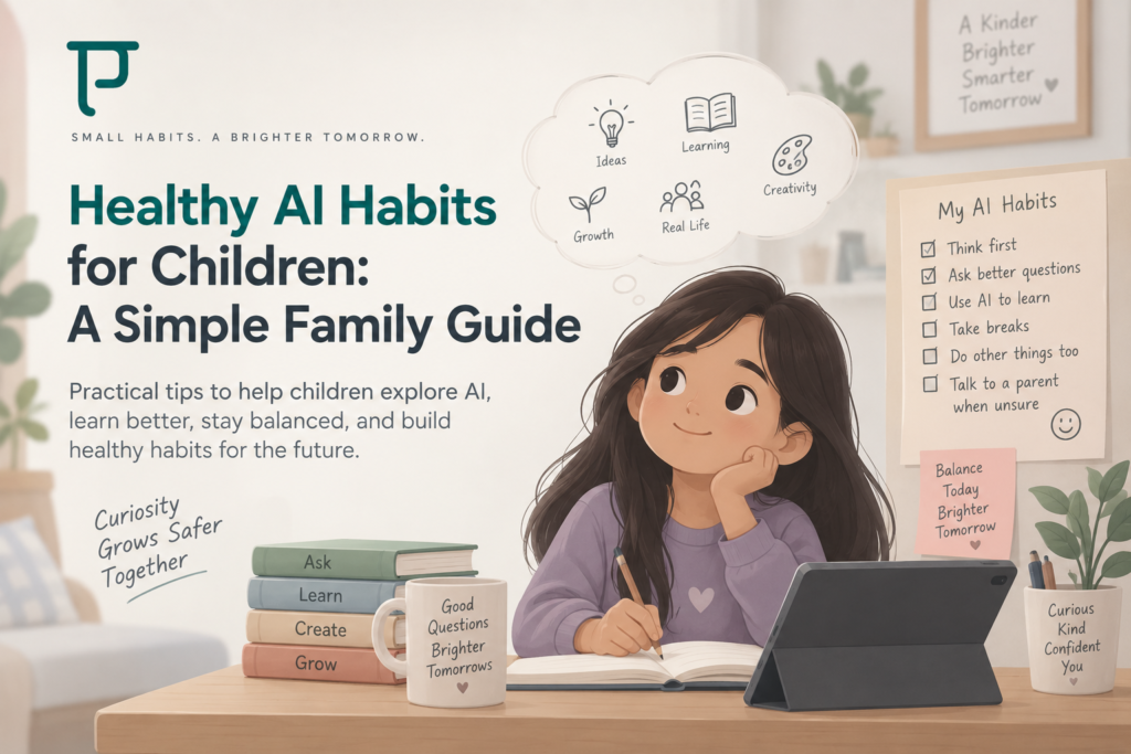 Practical, everyday habits parents can use to help children explore AI, learn independently, think critically, take healthy breaks, and keep real life at the center.
