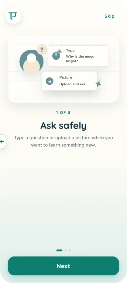 Pratvim child app: ask safely onboarding screen