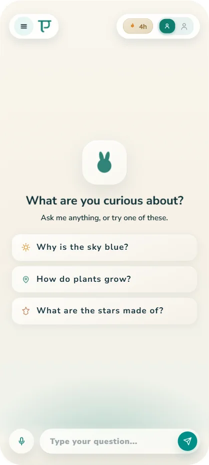Pratvim child app: new chat with suggested questions
