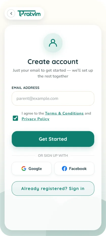 Pratvim parent app: create account screen