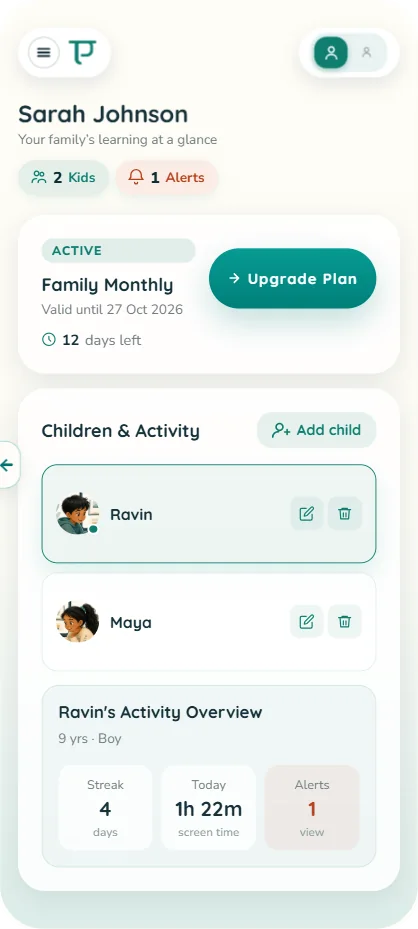 Pratvim parent dashboard showing children and activity