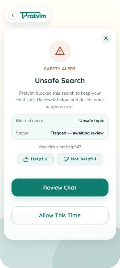 Pratvim parent safety alert for a blocked search